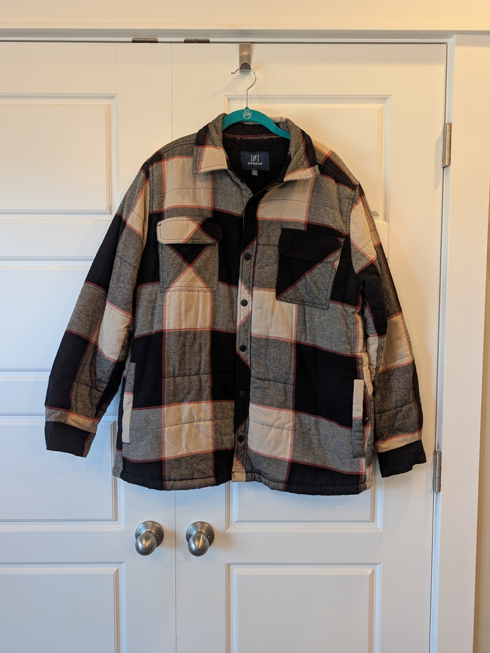 Plaid Flannel Sherpa Lined Jacket Men's Size Large 42-44 Black Tan Red Shirt